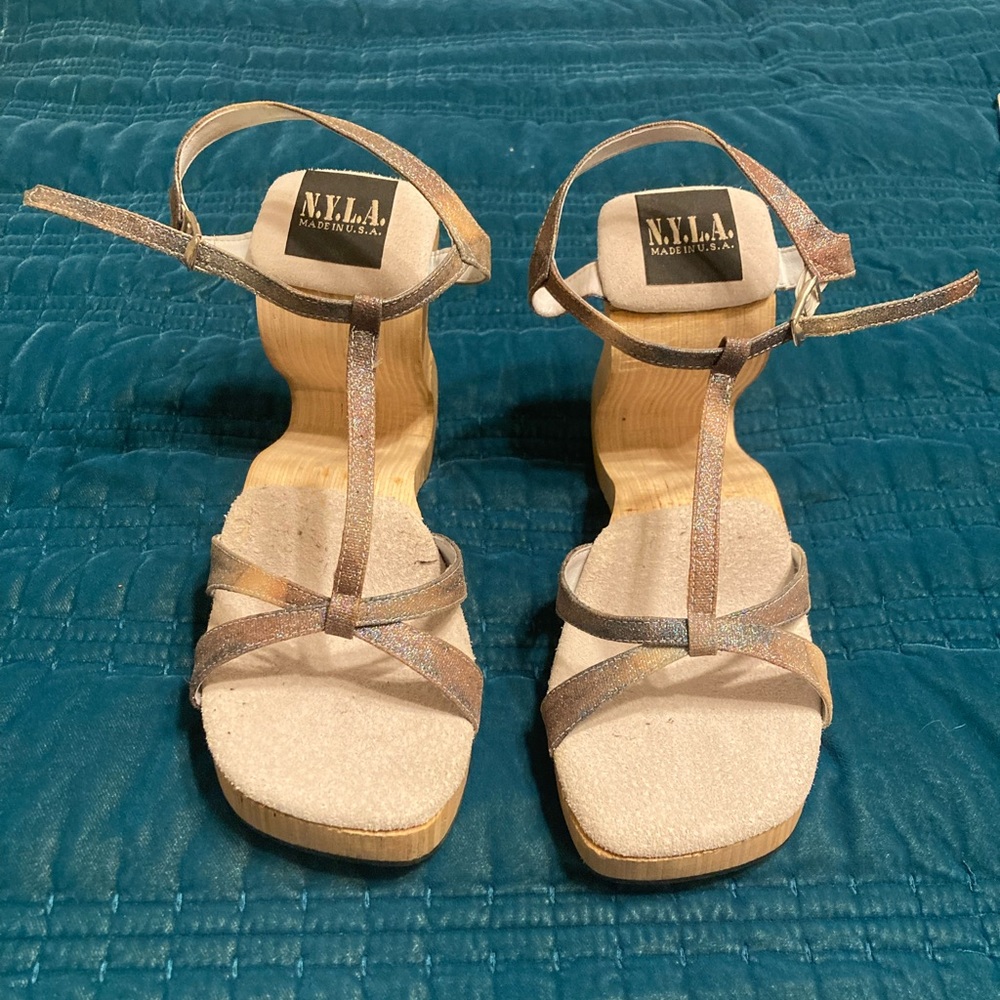 Unique blue shimmer wooden shoes/heels